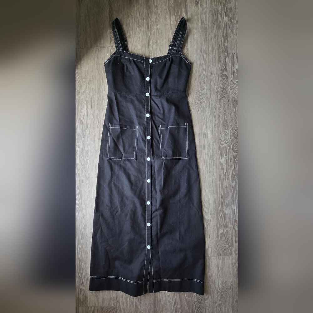 Pink Diamond Black Linen Blend Button Front Midi Dress Contrast Stitch Smock